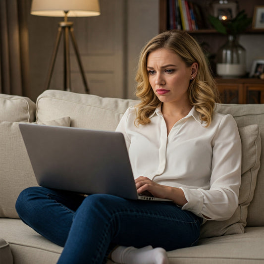 A young professional woman sits comfortably on her couch while staring at her laptop in bewilderment wondering if index ETF investing is right for her and her portfolio.