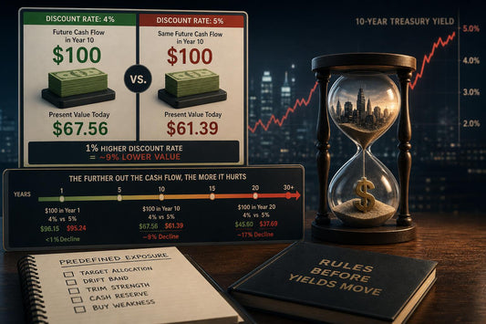 Two-column valuation diagram comparing the same future $100 cash flow discounted at 4% versus 5%, beside a timeline showing why profits expected further in the future are more sensitive to rising yields
