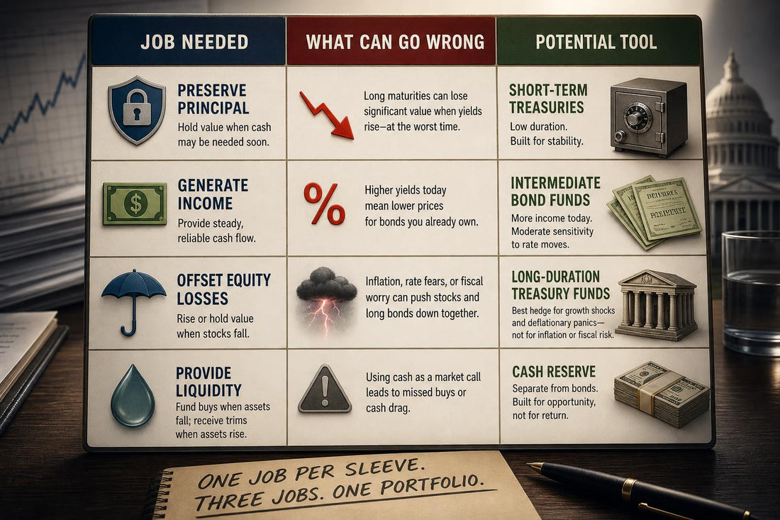 Three-column decision table comparing job needed, what can go wrong, and potential tool for long-duration Treasury funds, intermediate bond funds, short-term Treasuries, and cash reserves