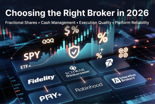 Feature image for Choosing the Right Broker in 2026 showing major investing platforms, stock charts, and key broker features including fractional shares, cash management, execution quality, and reliability.