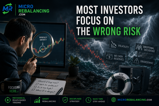 “Investor obsessing over a stock market entry point while ignoring risk management and volatility — MicroRebalancing behavioral finance concept.”