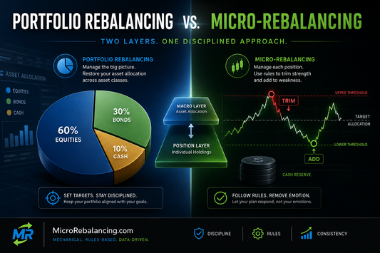 “Portfolio rebalancing vs. Micro-Rebalancing infographic showing asset allocation, target allocations, rule-based investing, and disciplined position management.”