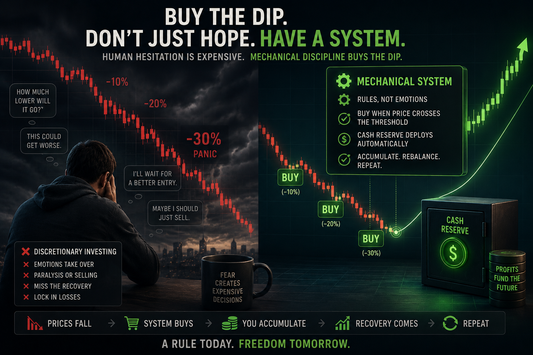 “Investor hesitating during a market crash while a mechanical investing system continues systematic accumulation.”
