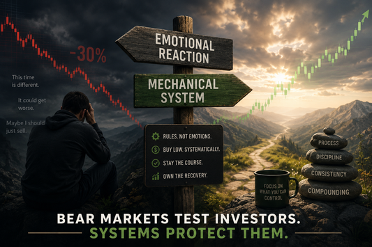 Investor facing a bear market beside a mechanical investing system illustration representing MicroRebalancing discipline during market crashes.