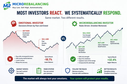 Illustration comparing emotional panic-selling behavior with rules-based MicroRebalancing during market volatility and crashes.