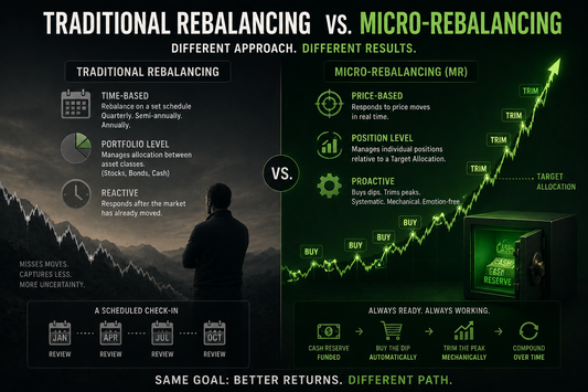 Comparison illustration showing traditional portfolio rebalancing versus MicroRebalancing with time-based investing on one side and price-triggered mechanical investing on the other.”
