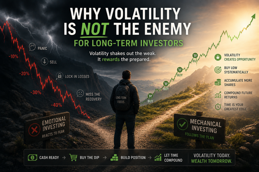 “Long-term investor walking toward opportunity while market volatility creates fear and panic for short-term investors.”